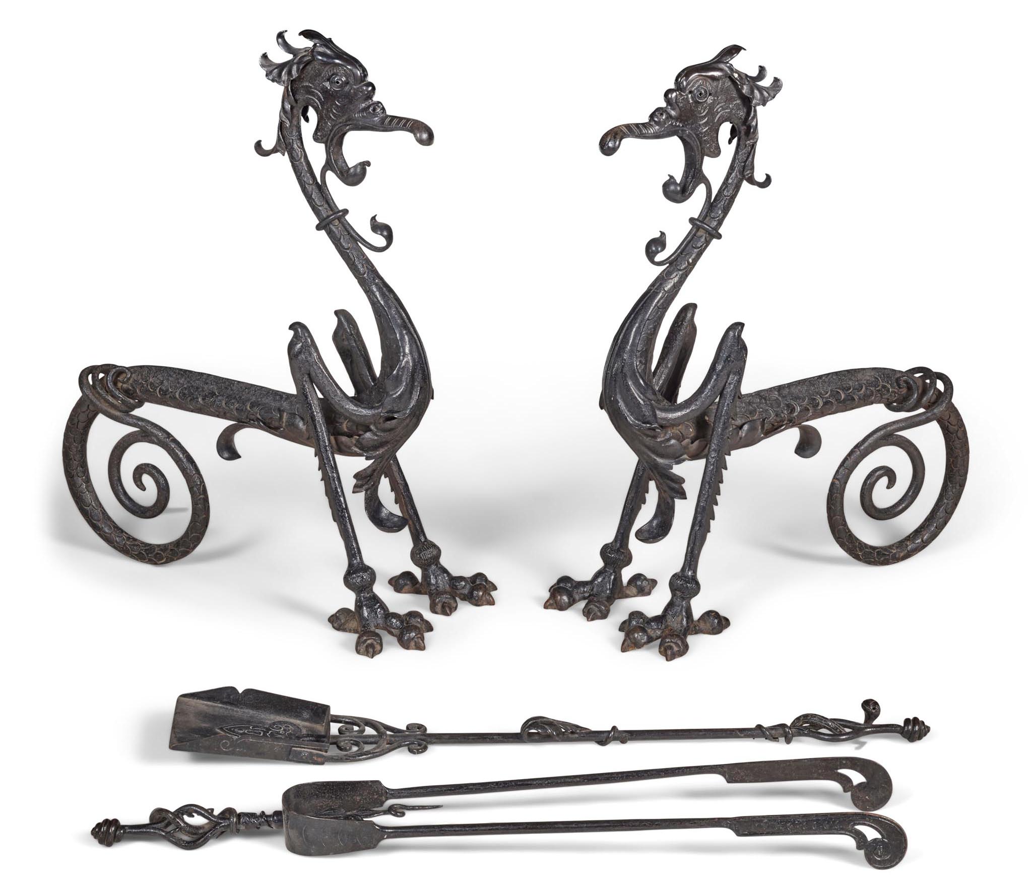 LOT 8 | PAIR OF ENGLISH GOTHIC REVIVAL WROUGHT IRON FIRE DOGS LATE 19TH CENTURY | £1,000 - £1,500 + fees